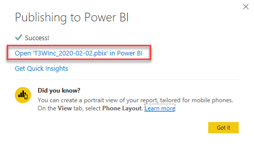 Link to take you to PowerBI in the cloud